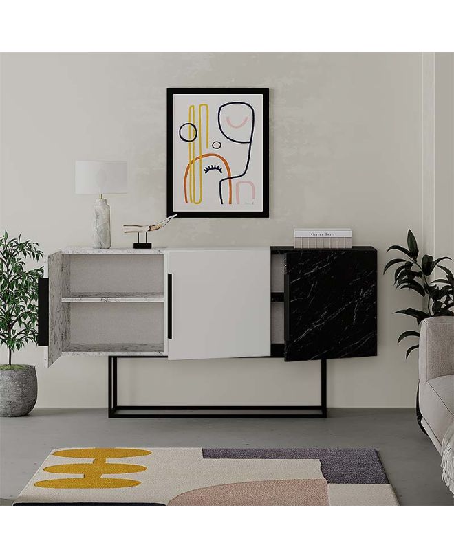 Μπουφές Tontini Megapap χρώμα λευκό - μαύρο εφέ μαρμάρου 150x42x79,5εκ.