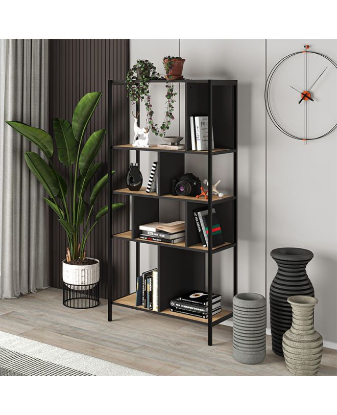 Βιβλιοθήκη Midi Megapap χρώμα sapphire oak - silky black 88x35x175εκ.