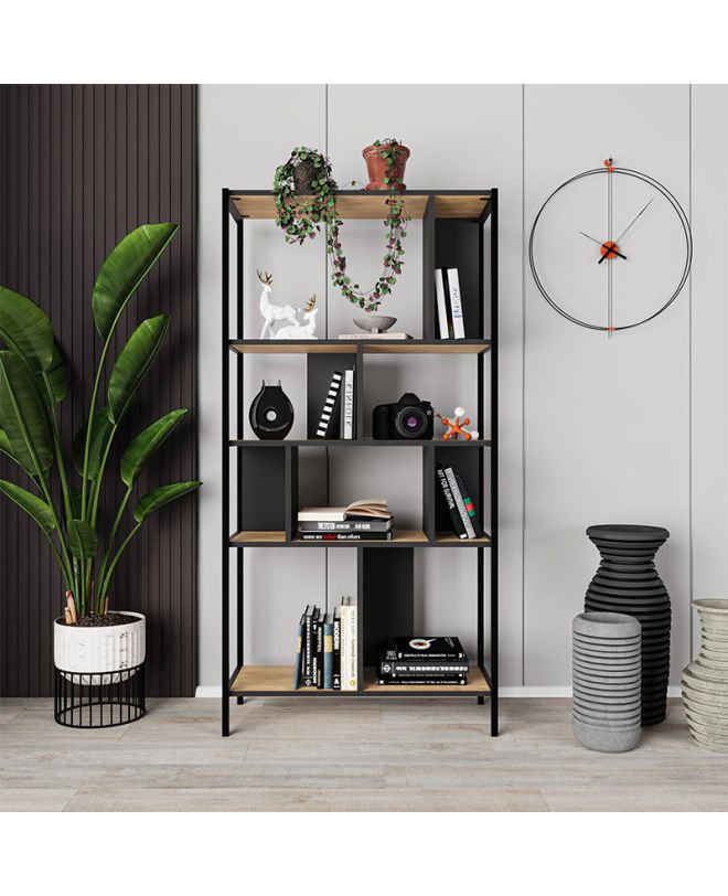 Βιβλιοθήκη Midi Megapap χρώμα sapphire oak - silky black 88x35x175εκ.