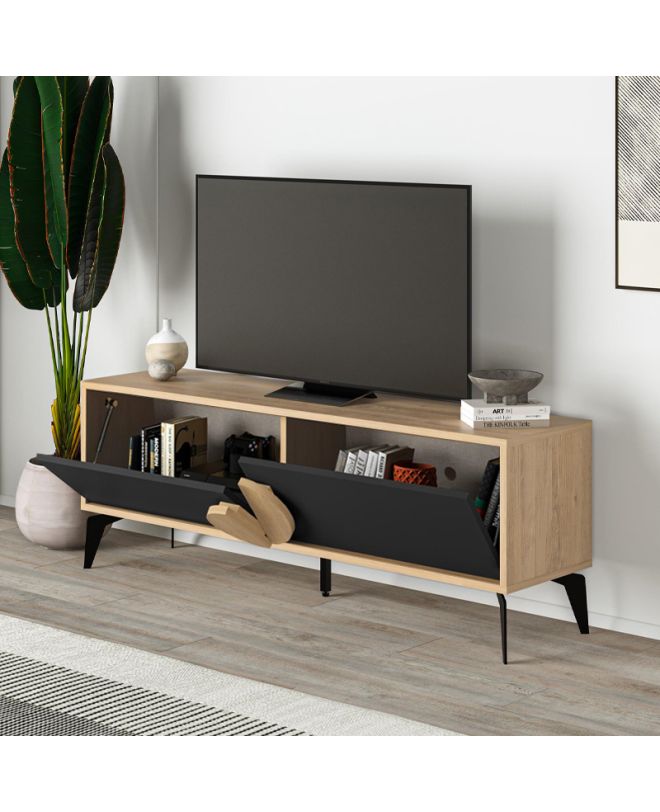Έπιπλο τηλεόρασης Gora Megapap χρώμα sapphire oak - silky black 140x35,6x51εκ.