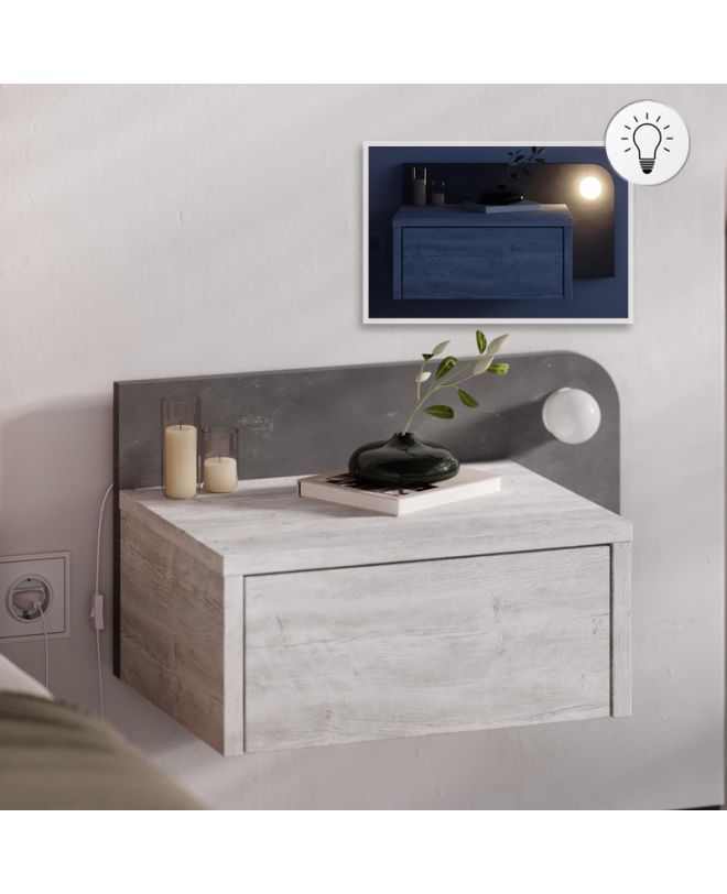 Κομοδίνο επιτοίχιο Dotta Megapap με LED χρώμα λευκό αντικέ - γκρι ρετρό 52x33,6x28εκ.