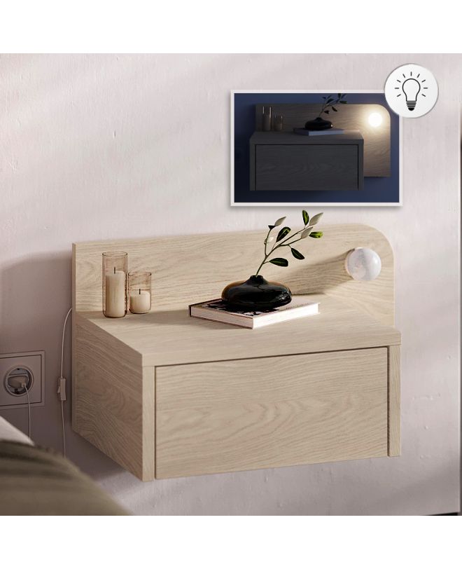 Κομοδίνο επιτοίχιο Dotta Megapap με LED χρώμα light oak 52x33,6x28εκ.