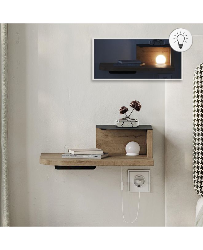 Κομοδίνο επιτοίχιο Luno Megapap με LED χρώμα sepet oak 40x30x16,2εκ.