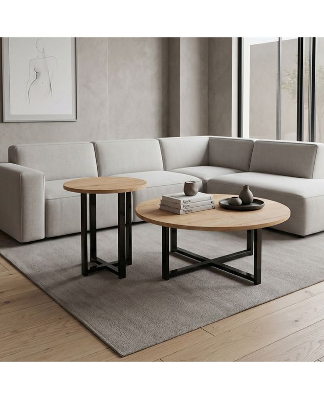 Τραπεζάκι σαλονιού σετ 2 τμχ Mesa Megapap χρώμα sapphire oak Ø90x35,5εκ.