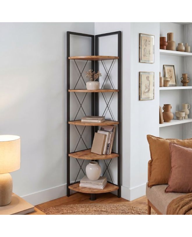 Βιβλιοθήκη γωνιακή Kelsie Megapap χρώμα μαύρο - pine oak 33x33x162εκ.