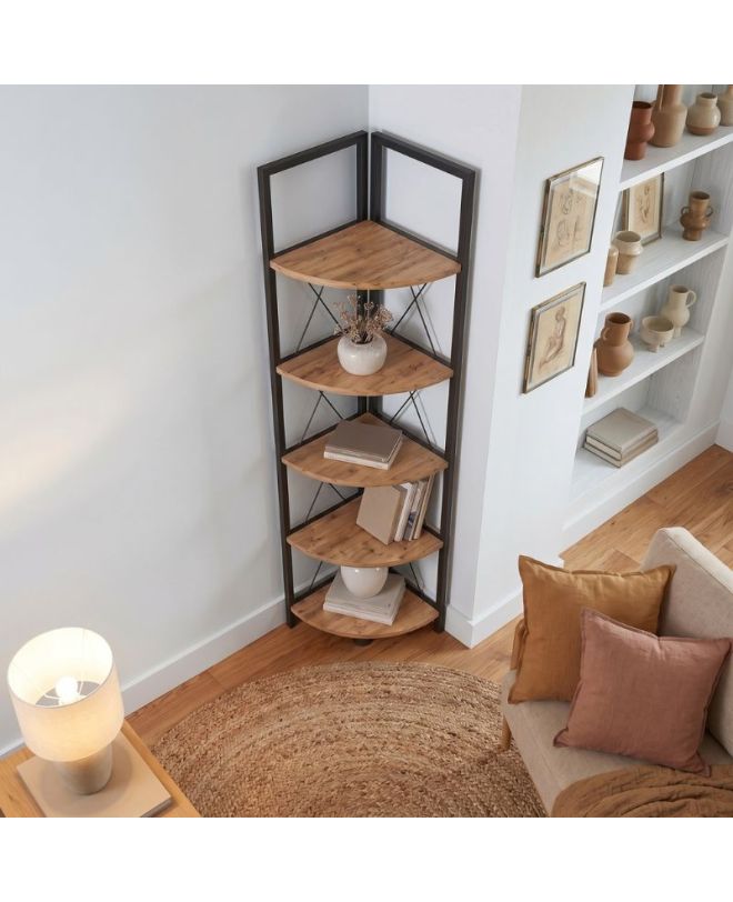 Βιβλιοθήκη γωνιακή Kelsie Megapap χρώμα μαύρο - pine oak 33x33x162εκ.