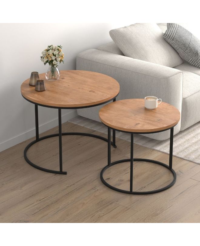 Τραπεζάκι σαλονιού σετ 2 τμχ Hilal Megapap χρώμα pine oak Ø66x49,5εκ.