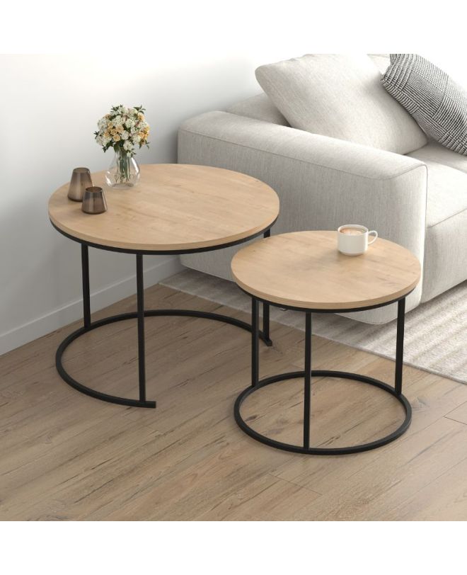 Τραπεζάκι σαλονιού σετ 2 τμχ Hilal Megapap χρώμα sapphire oak Ø66x49,5εκ.
