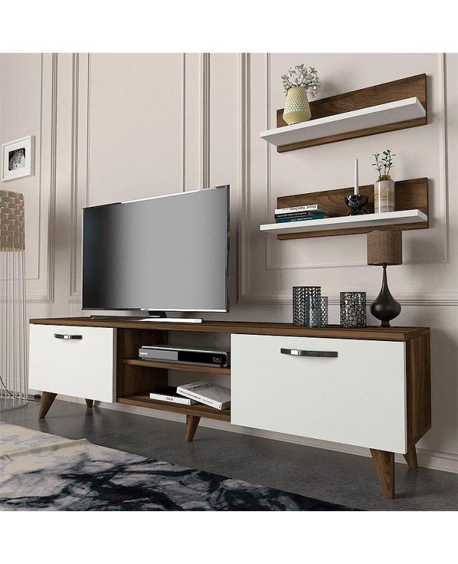 Έπιπλο τηλεόρασης Colin Megapap χρώμα λευκό - καρυδί 150x29,5x40,6εκ.