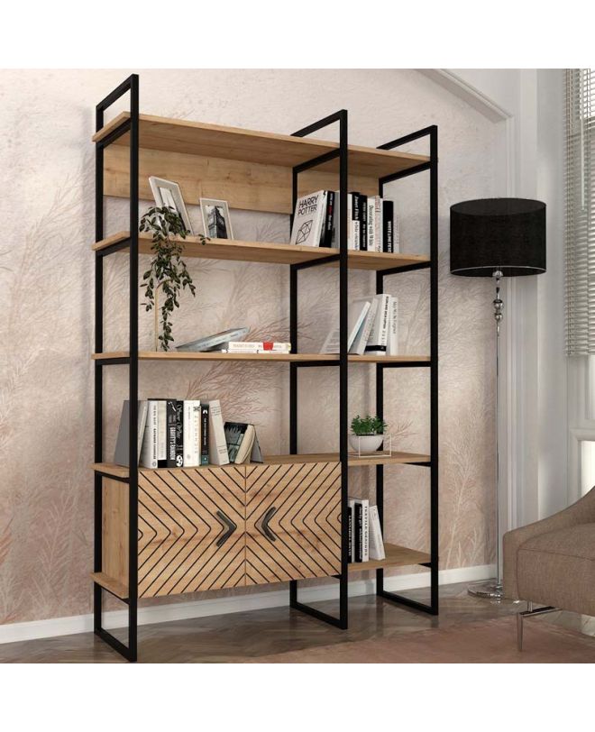 Βιβλιοθήκη Eduardo Megapap μεταλλική - μελαμίνης χρώμα sapphire oak 120x39x180εκ.