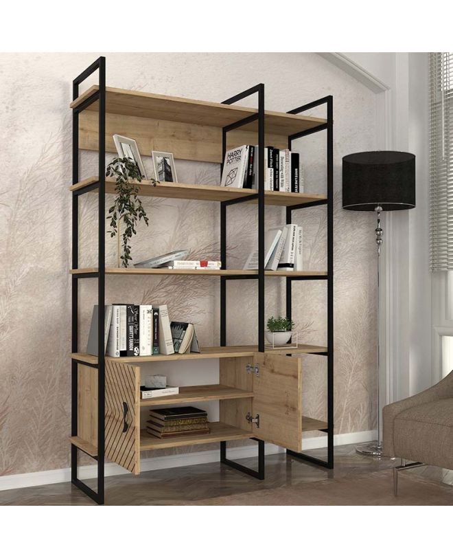 Βιβλιοθήκη Eduardo Megapap μεταλλική - μελαμίνης χρώμα sapphire oak 120x39x180εκ.