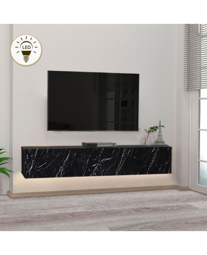 Έπιπλο τηλεόρασης επιτοίχιο Damla Megapap με LED χρώμα μαύρο εφέ μαρμάρου 180x29,5x29,5εκ.