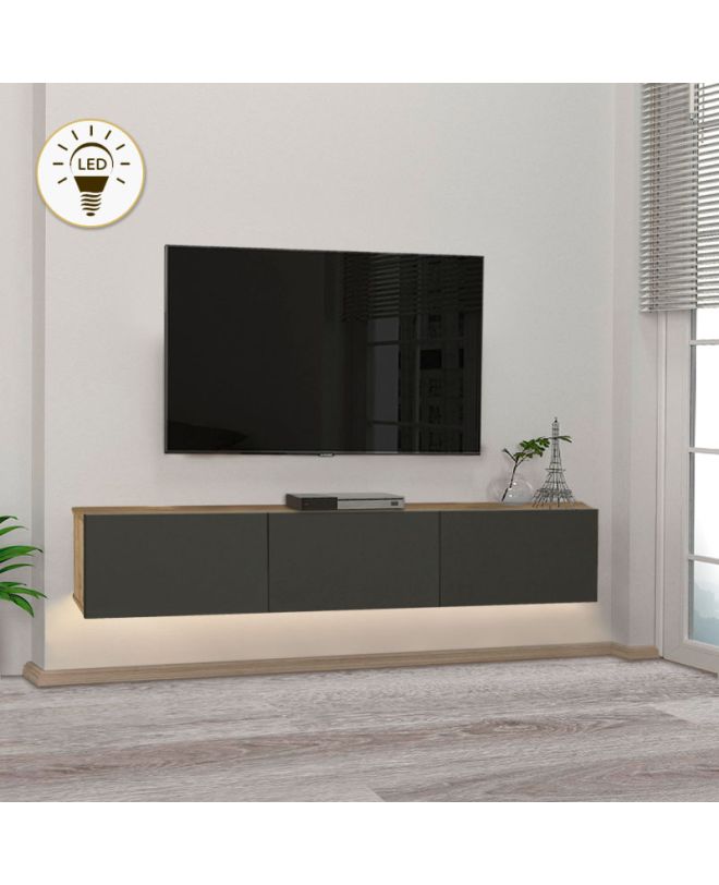 Έπιπλο τηλεόρασης επιτοίχιο Damla Megapap με LED χρώμα sapphire oak - ανθρακί 180x29,5x29,5εκ.