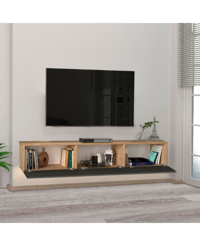 Έπιπλο τηλεόρασης επιτοίχιο Damla Megapap με LED χρώμα sapphire oak - ανθρακί 180x29,5x29,5εκ.