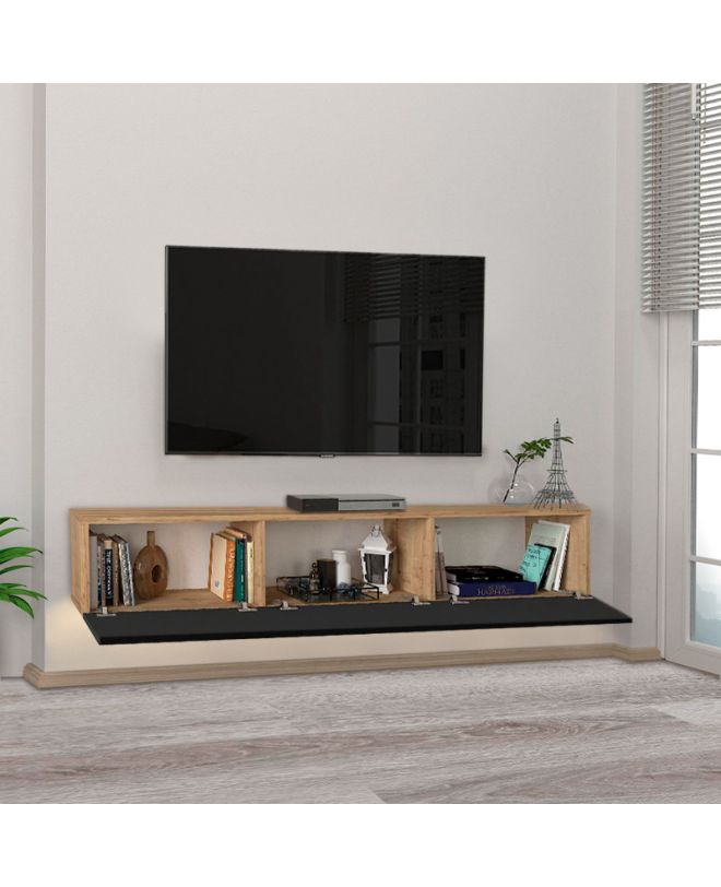 Έπιπλο τηλεόρασης επιτοίχιο Damla Megapap με LED χρώμα sapphire oak - μαύρο 180x29,5x29,5εκ.
