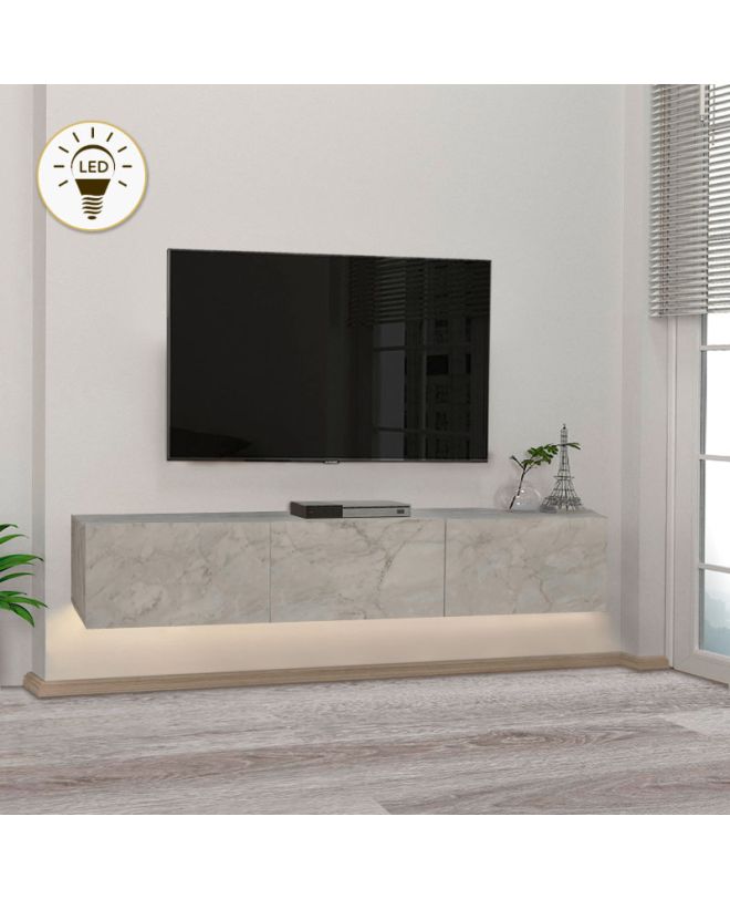 Έπιπλο τηλεόρασης επιτοίχιο Damla Megapap με LED χρώμα λευκό εφέ μαρμάρου 180x29,5x29,5εκ.