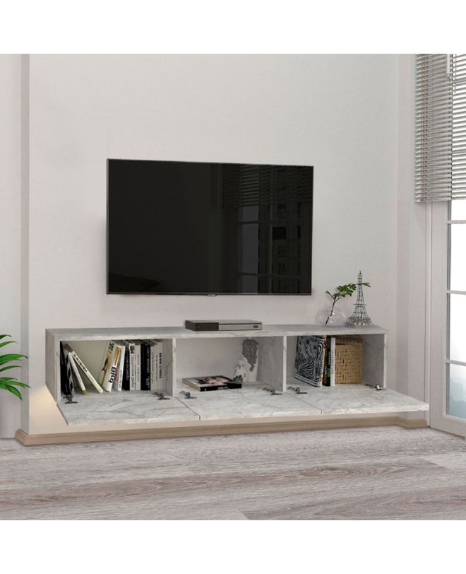 Έπιπλο τηλεόρασης επιτοίχιο Damla Megapap με LED χρώμα λευκό εφέ μαρμάρου 180x29,5x29,5εκ.
