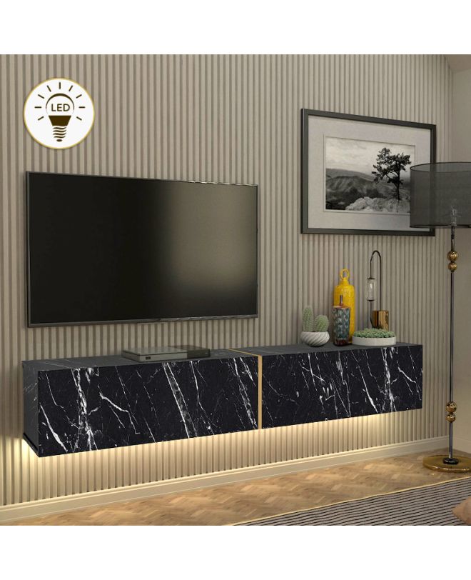 Έπιπλο τηλεόρασης επιτοίχιο Figure Megapap με LED χρώμα μαύρο εφέ μαρμάρου 181,8x31,7x30εκ.