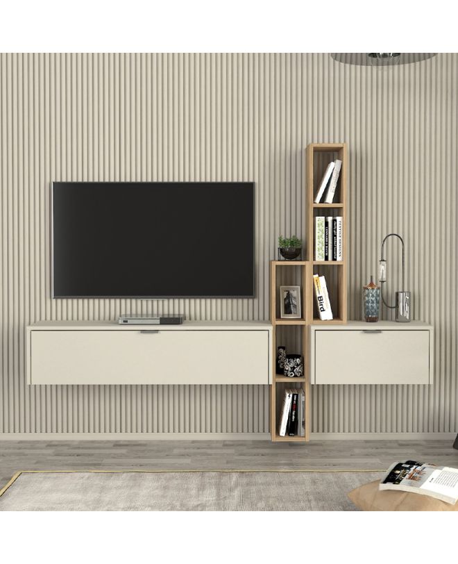 Σύνθεση τηλεόρασης επιτοίχια Edgar χρώμα sandstone - sepet oak 198,4x29,6x148,5εκ.
