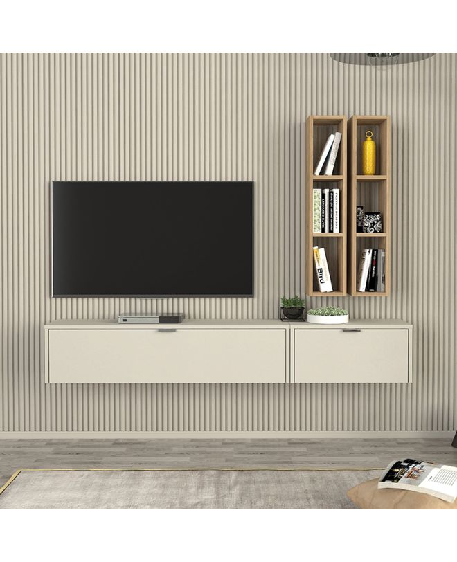 Σύνθεση τηλεόρασης επιτοίχια Edgar χρώμα sandstone - sepet oak 198,4x29,6x148,5εκ.
