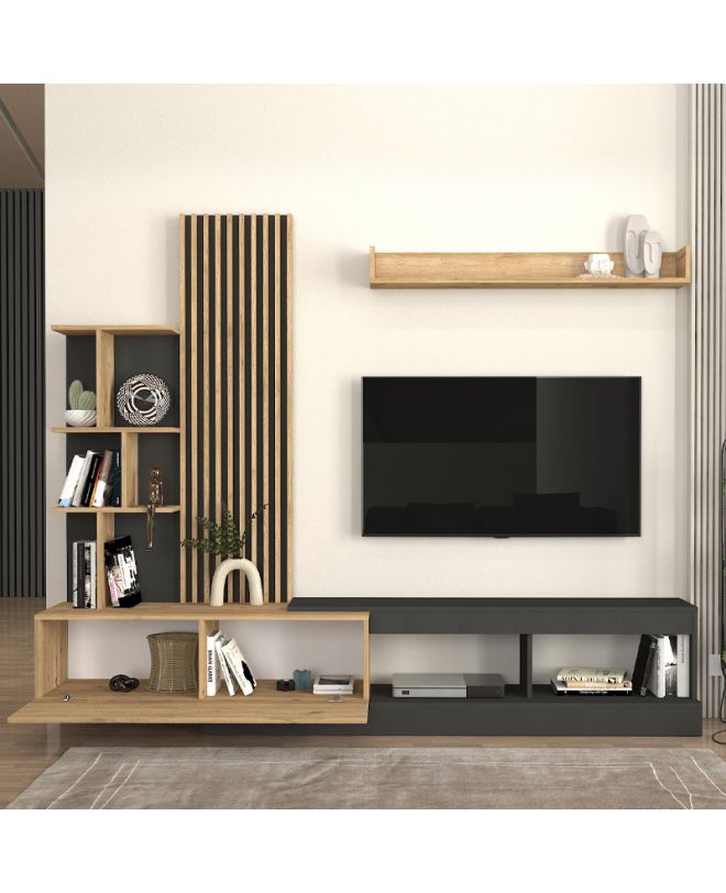 Σύνθεση τηλεόρασης Vermont Megapap χρώμα ανθρακί - sepet oak 240x40x192εκ.