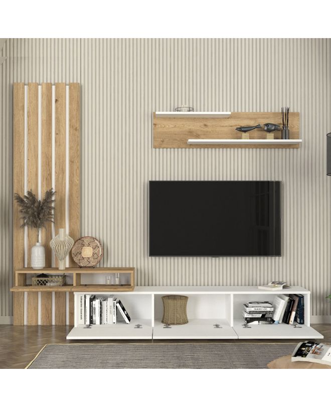 Σύνθεση τηλεόρασης Rosaline Megapap χρώμα λευκό - sepet oak 233x31,3x196,8εκ.