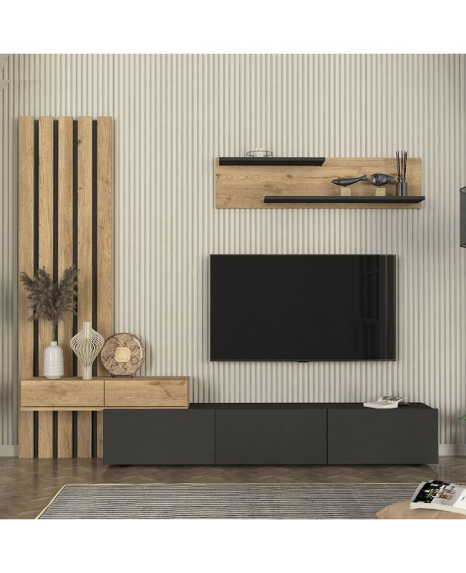 Σύνθεση τηλεόρασης Rosaline Megapap χρώμα ανθρακί - sepet oak 233x31,3x196,8εκ.