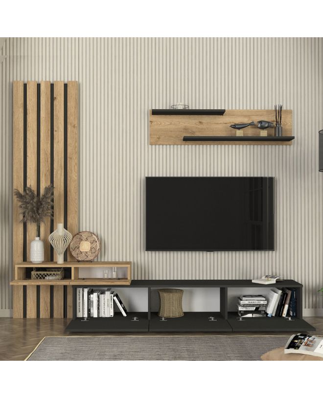 Σύνθεση τηλεόρασης Rosaline Megapap χρώμα ανθρακί - sepet oak 233x31,3x196,8εκ.