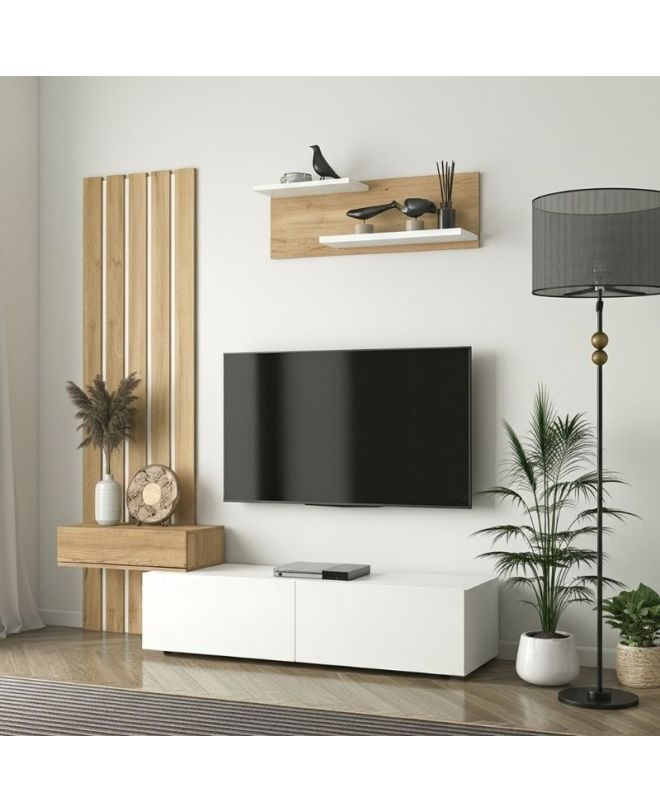 Σύνθεση τηλεόρασης Rosaline Megapap χρώμα λευκό - sepet oak 183x31,3x196,9εκ.