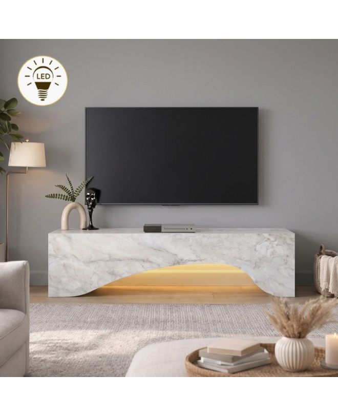 Έπιπλο τηλεόρασης Mara Megapap με LED χρώμα λευκό εφέ μαρμάρου 150x31,4x40εκ.