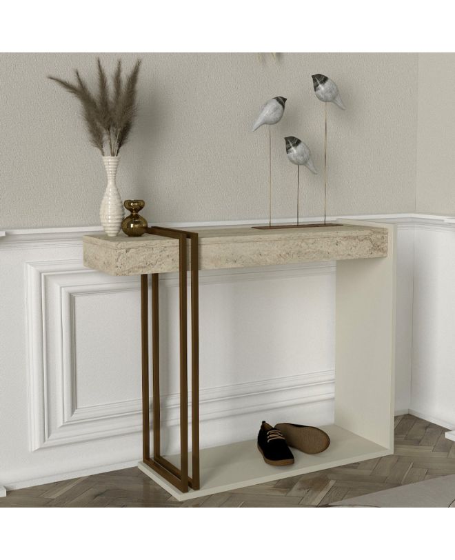 Κονσόλα Desca Megapap χρώμα travertine - sandstone - χρυσό 91,8x29,6x74,2εκ.