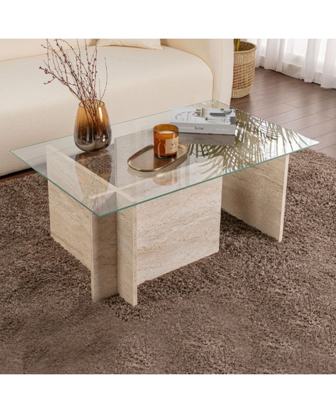 Τραπεζάκι σαλονιού Vetrino Megapap γυάλινο χρώμα travertine 105x65x40εκ.