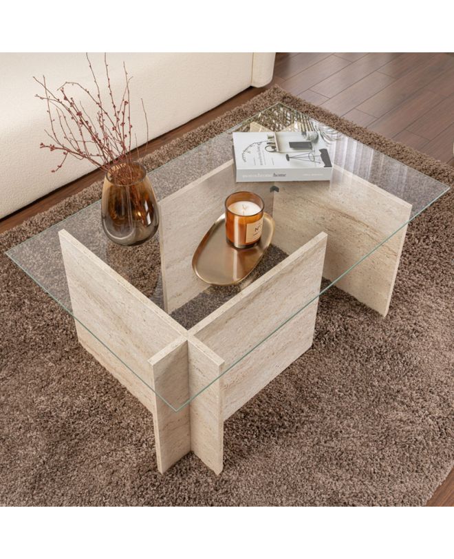 Τραπεζάκι σαλονιού Vetrino Megapap γυάλινο χρώμα travertine 105x65x40εκ.