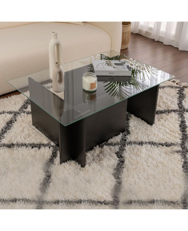 Τραπεζάκι σαλονιού Vetrino Megapap γυάλινο χρώμα black wood 105x65x40εκ.