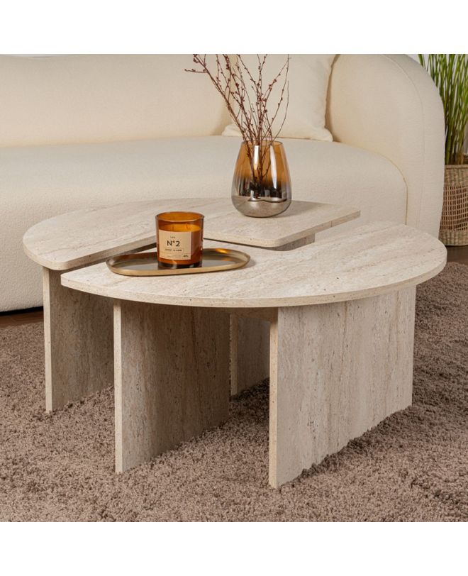 Τραπεζάκι σαλονιού σετ 2 τμχ Moira Megapap χρώμα travertine Ø90x41εκ.