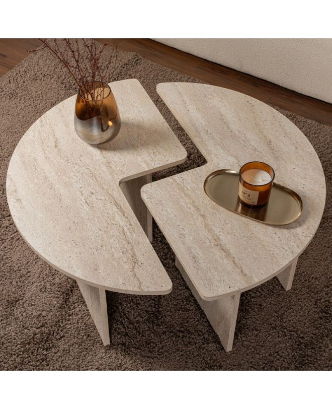 Τραπεζάκι σαλονιού σετ 2 τμχ Moira Megapap χρώμα travertine Ø90x41εκ.
