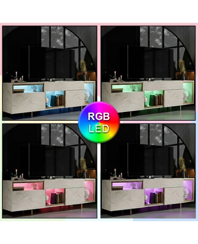 Έπιπλο τηλεόρασης Norm Megapap με Led Rgb χρώμα travertine - χρυσό 180x32x55εκ.