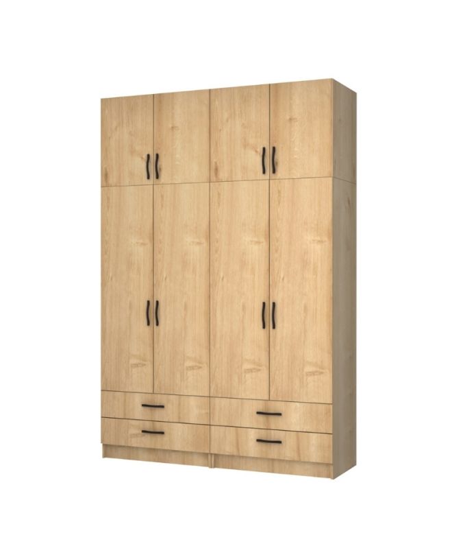 Ντουλάπα ρούχων Ricardo Megapap τετράφυλλη με πατάρι και συρτάρια χρώμα φυσικό οξιάς 160x51,8x240εκ.