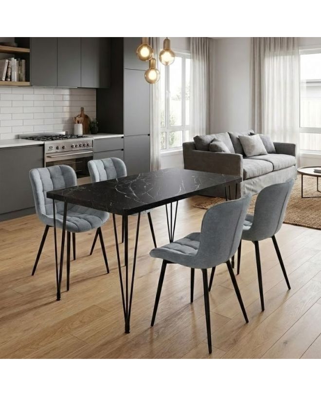 Σετ τραπεζαρία 5τμχ Roger - Chiara Megapap Mdf - ύφασμα χρώμα μαύρο εφέ μαρμάρου - γκρι 120x70x75εκ.