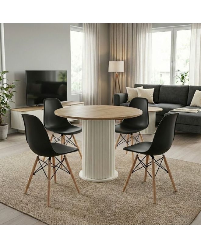 Σετ τραπεζαρία 5τμχ Bohema - Nova Megapap χρώμα ivory/sepet oak - μαύρο Ø90x77,7εκ.