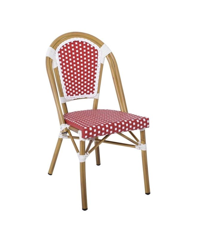 PARIS Καρέκλα Bistro Αλουμίνιο Φυσικό, Wicker Άσπρο - Κόκκινο, Στοιβαζόμενη