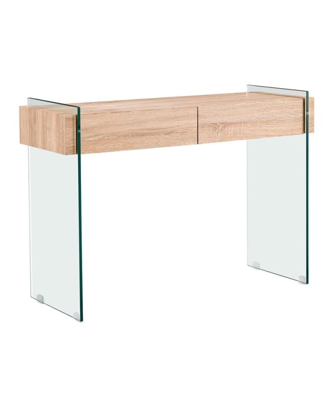 GLASSER Wood Κονσόλα Διάφανο Γυαλί 12mm - με Συρτάρια Απόχρωση Δρυς