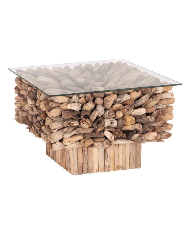 ΤΡΑΠΕΖΙ ΣΑΛΟΝΙΟΥ ΤΕΤΡΑΓΩΝΟ SPARROW HM9961 DRIFTWOOD--ΓΥΑΛΙ 75x75x51Υεκ.