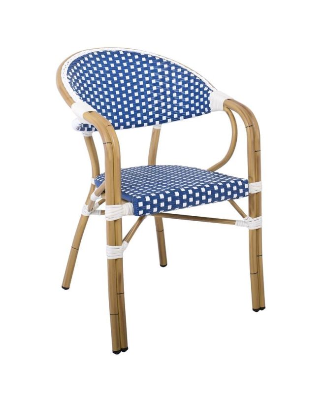 PARIS Πολυθρόνα Bistro Αλουμίνιο Φυσικό, Wicker Άσπρο - Μπλε, Στοιβαζόμενη