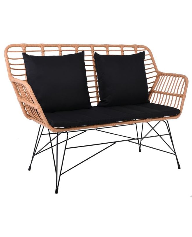 SALSA MAX Living Καναπές Κήπου 2Θέσιος, Μέταλλο Βαφή Μαύρο, Wicker Φυσικό, Μαξιλάρια Μαύρο