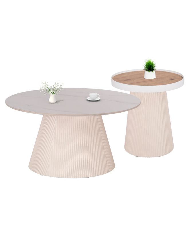ΣΕΤ 2ΤΜΧ ΤΡΑΠΕΖΙΑ ΣΑΛΟΝΙΟΥ DUNCAN HM21082 MDF ΚΡΕΜ ΚΑΙ ΚΕΡΑΜΙΚΟ TOP Φ80εκ & Φ45εκ