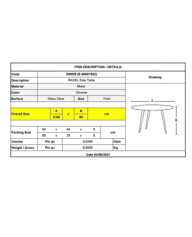 RAVEL Τραπεζάκι Βοηθητικό Χρώμιο - Γυαλί  Φ50cm H.58cm