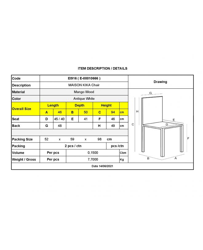 MAISON KIKA Καρέκλα Dining Ξύλo Mango - Antique Άσπρο  46x50x94cm