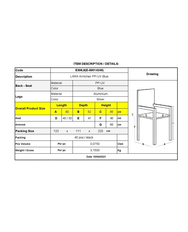LARA Πολυθρόνα Dining Στοιβαζόμενη, ALU Silver, PP - UV Protection Απόχρωση Μπλε  60x52x85cm