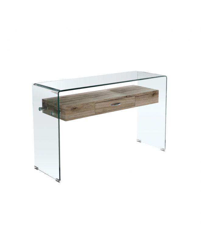 GLASSER Wood Κονσόλα Γυαλί Clear 12mm - Ράφι με Συρτάρι Απόχρωση Δρυς  120x40x75cm
